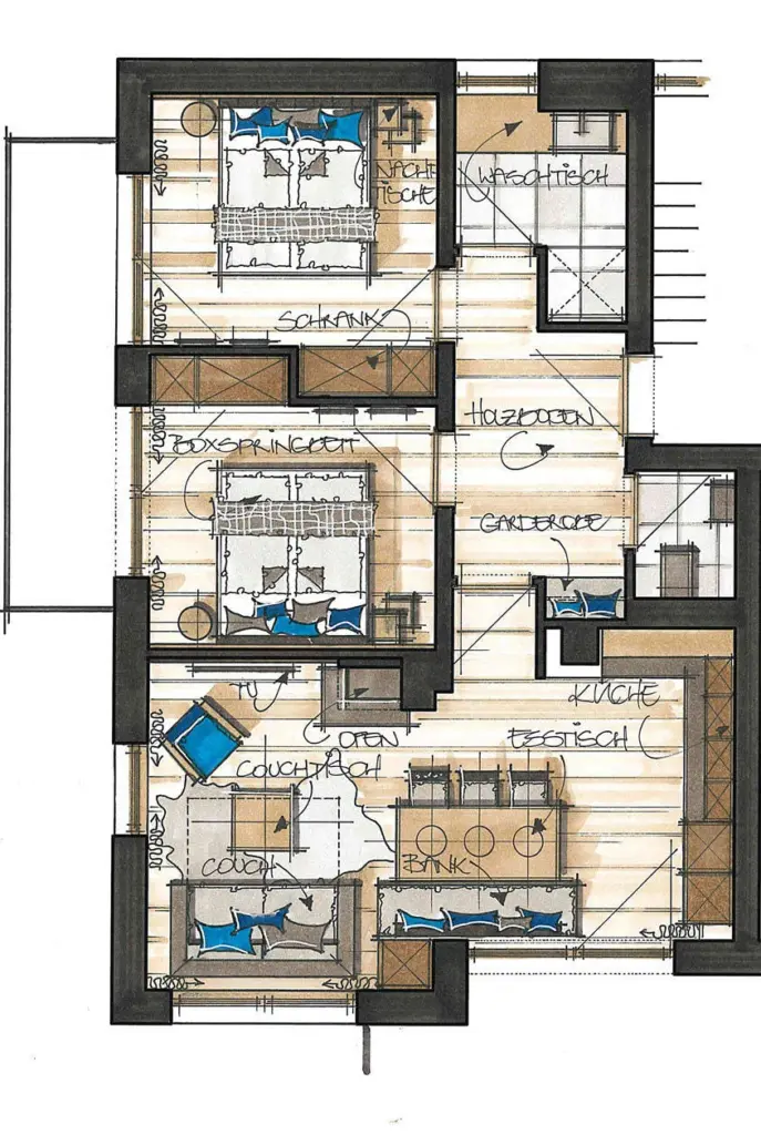 Grundriss des Apartments Lebens.Freude im Chalet in Fieberbrunn, Tirol – 62 m² Wohnfläche mit zwei Schlafzimmern, Wohnbereich, Küche, Bad und Balkon für bis zu 6 Personen.